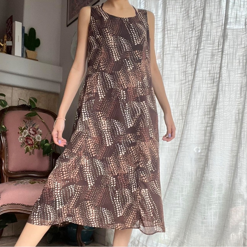 Vintage Studio I Brown Tan Midi Dress Geometric Print 90s Size 10